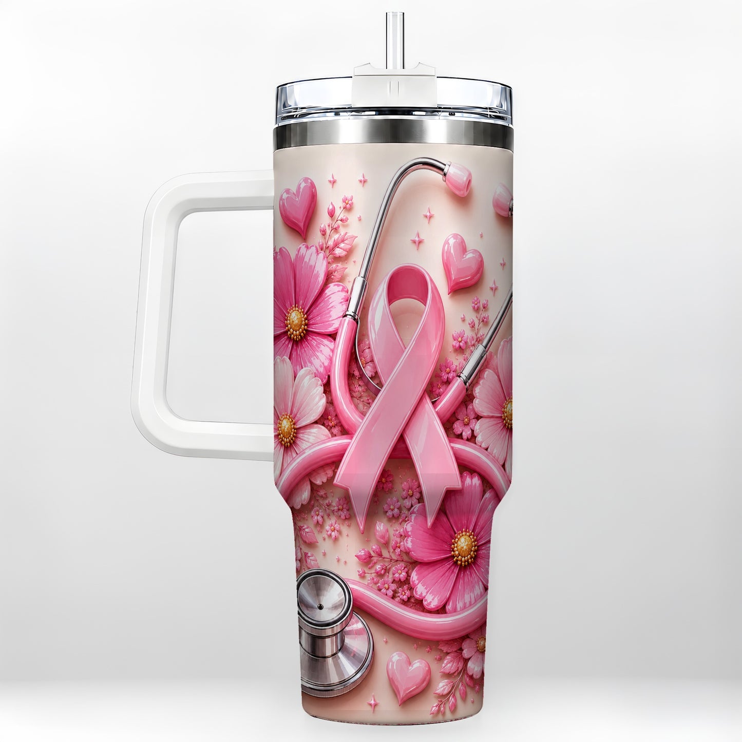 #pl[40oz|White] Pink Ribbon 40oz Tumbler with Handle, Floral Stainless Steel Travel Cup