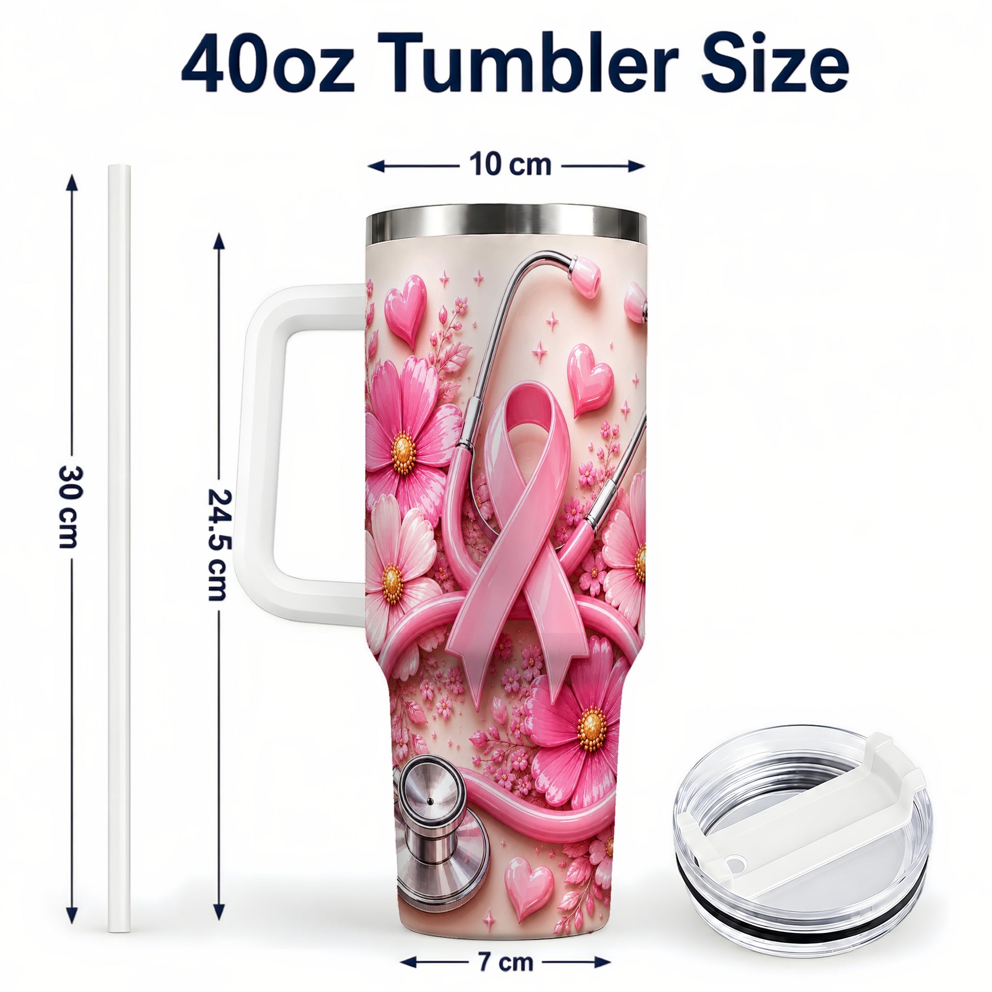 #pl[40oz|White] Pink Ribbon 40oz Tumbler with Handle, Floral Stainless Steel Travel Cup