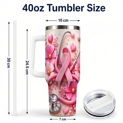#pl[40oz|White] Pink Ribbon 40oz Tumbler with Handle, Floral Stainless Steel Travel Cup
