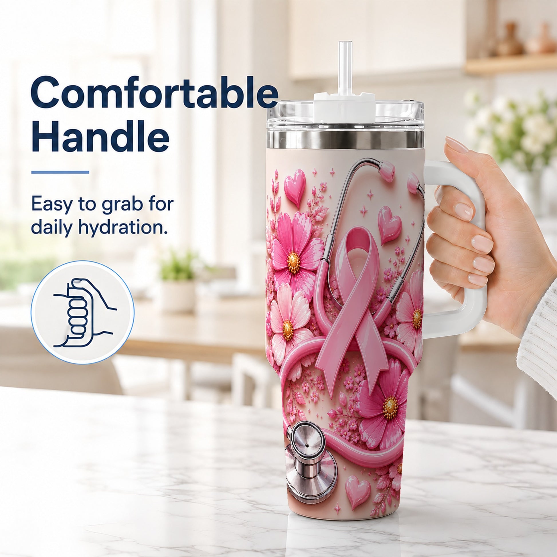 #pl[40oz|White] Pink Ribbon 40oz Tumbler with Handle, Floral Stainless Steel Travel Cup