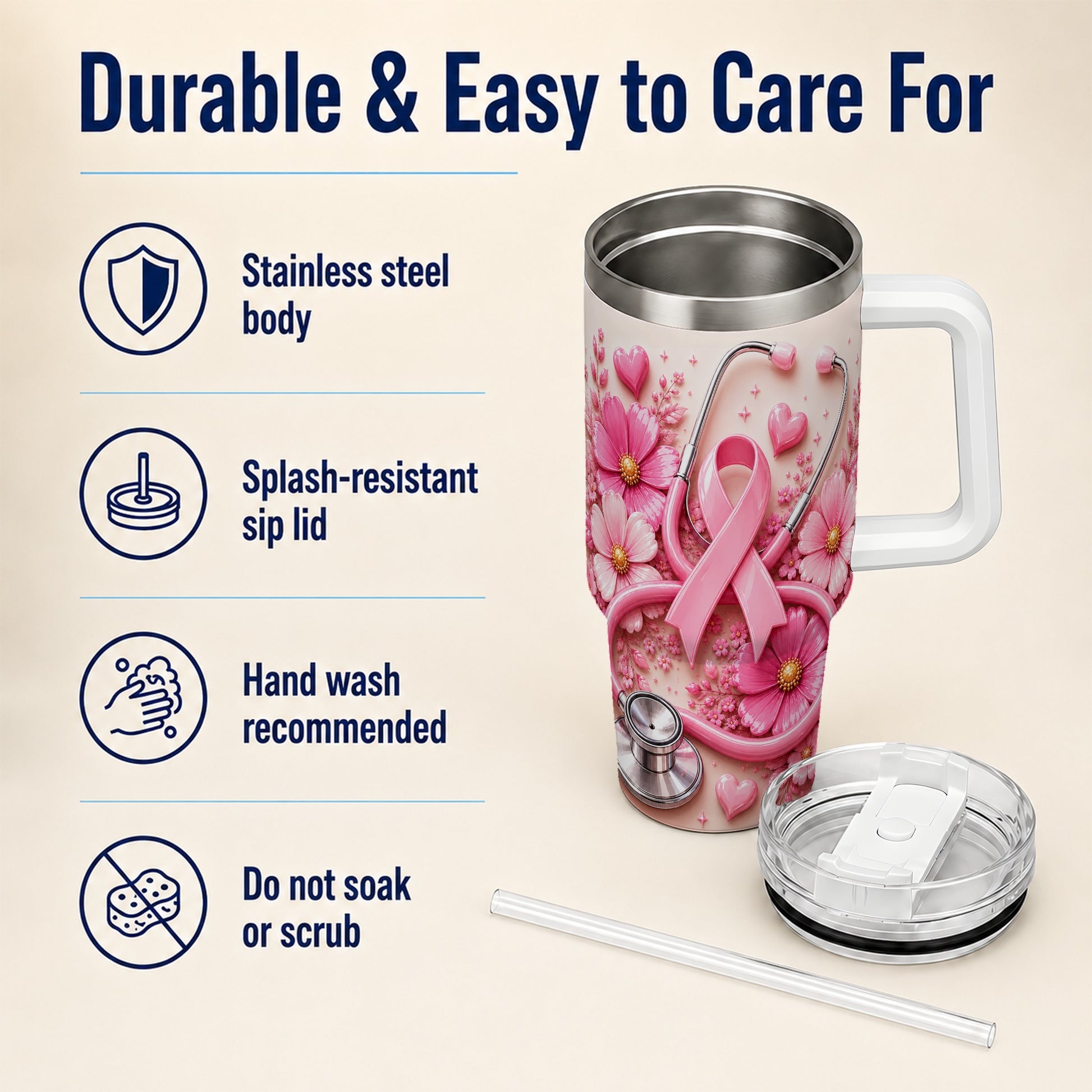 #pl[40oz|White] Pink Ribbon 40oz Tumbler with Handle, Floral Stainless Steel Travel Cup