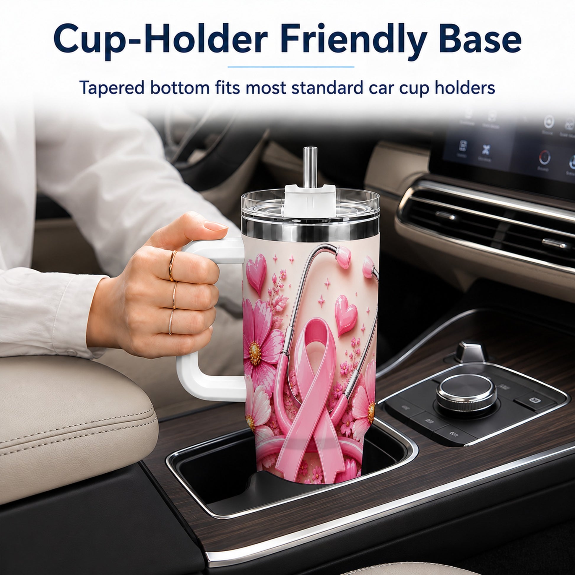 #pl[40oz|White] Pink Ribbon 40oz Tumbler with Handle, Floral Stainless Steel Travel Cup
