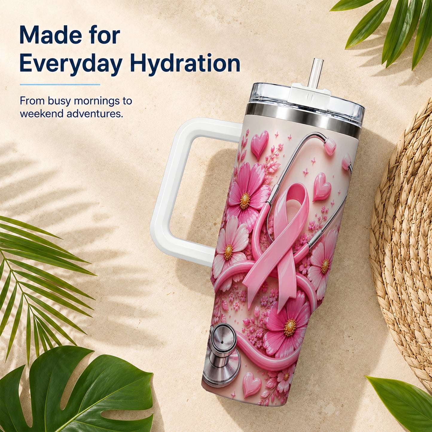 #pl[40oz|White] Pink Ribbon 40oz Tumbler with Handle, Floral Stainless Steel Travel Cup