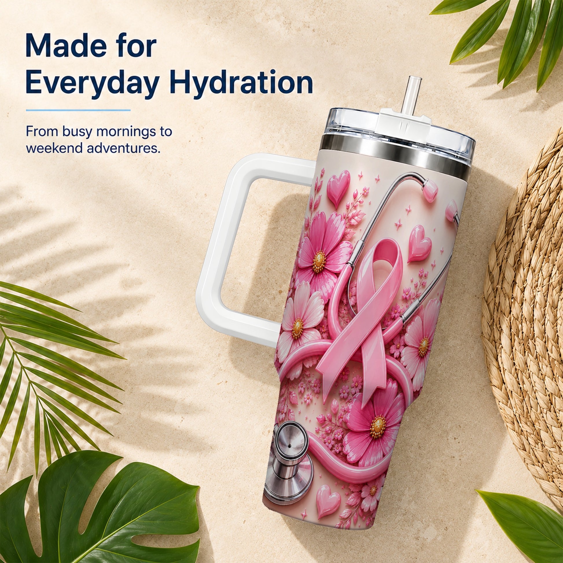 #pl[40oz|White] Pink Ribbon 40oz Tumbler with Handle, Floral Stainless Steel Travel Cup