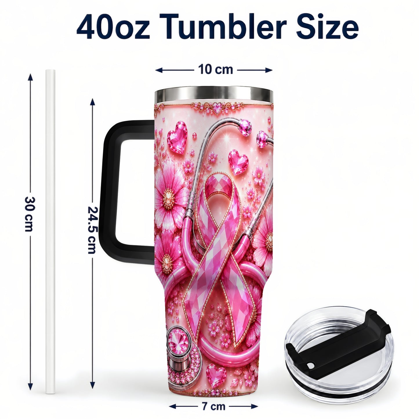 #pl[40oz|Black] Jeweled Pink Ribbon 40oz Tumbler with Handle, Stainless Steel Travel Cup