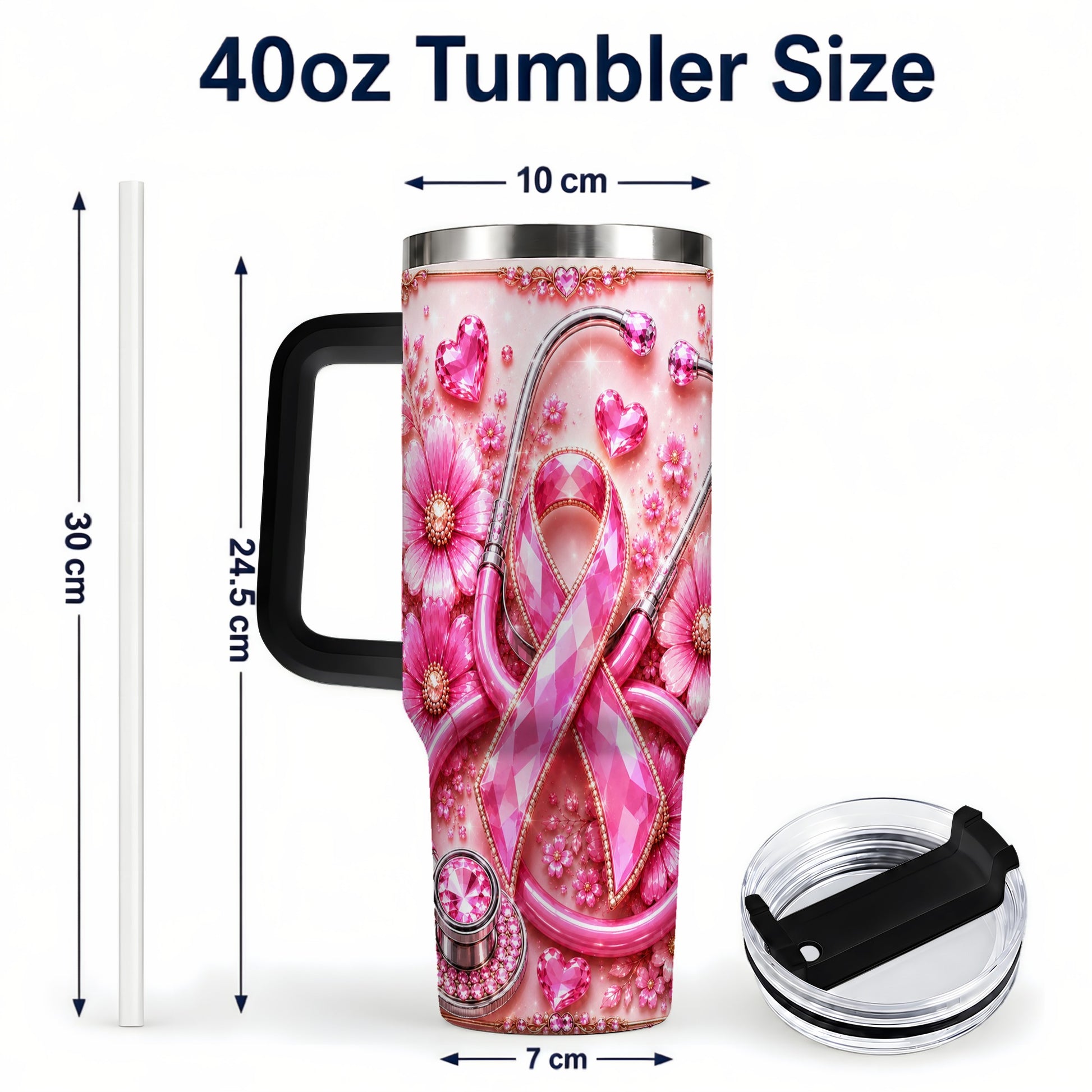 #pl[40oz|Black] Jeweled Pink Ribbon 40oz Tumbler with Handle, Stainless Steel Travel Cup