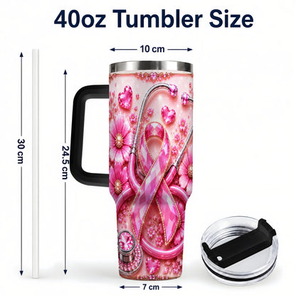 #pl[40oz|Black] Jeweled Pink Ribbon 40oz Tumbler with Handle, Stainless Steel Travel Cup