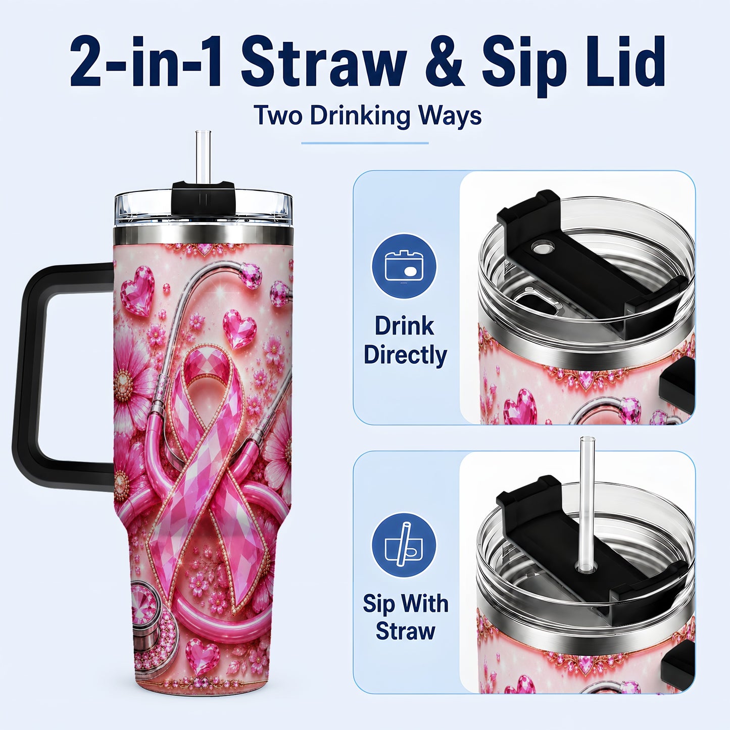 #pl[40oz|Black] Jeweled Pink Ribbon 40oz Tumbler with Handle, Stainless Steel Travel Cup