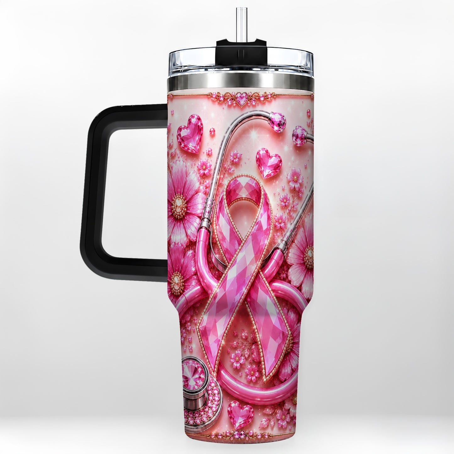 #pl[40oz|Black] Jeweled Pink Ribbon 40oz Tumbler with Handle, Stainless Steel Travel Cup