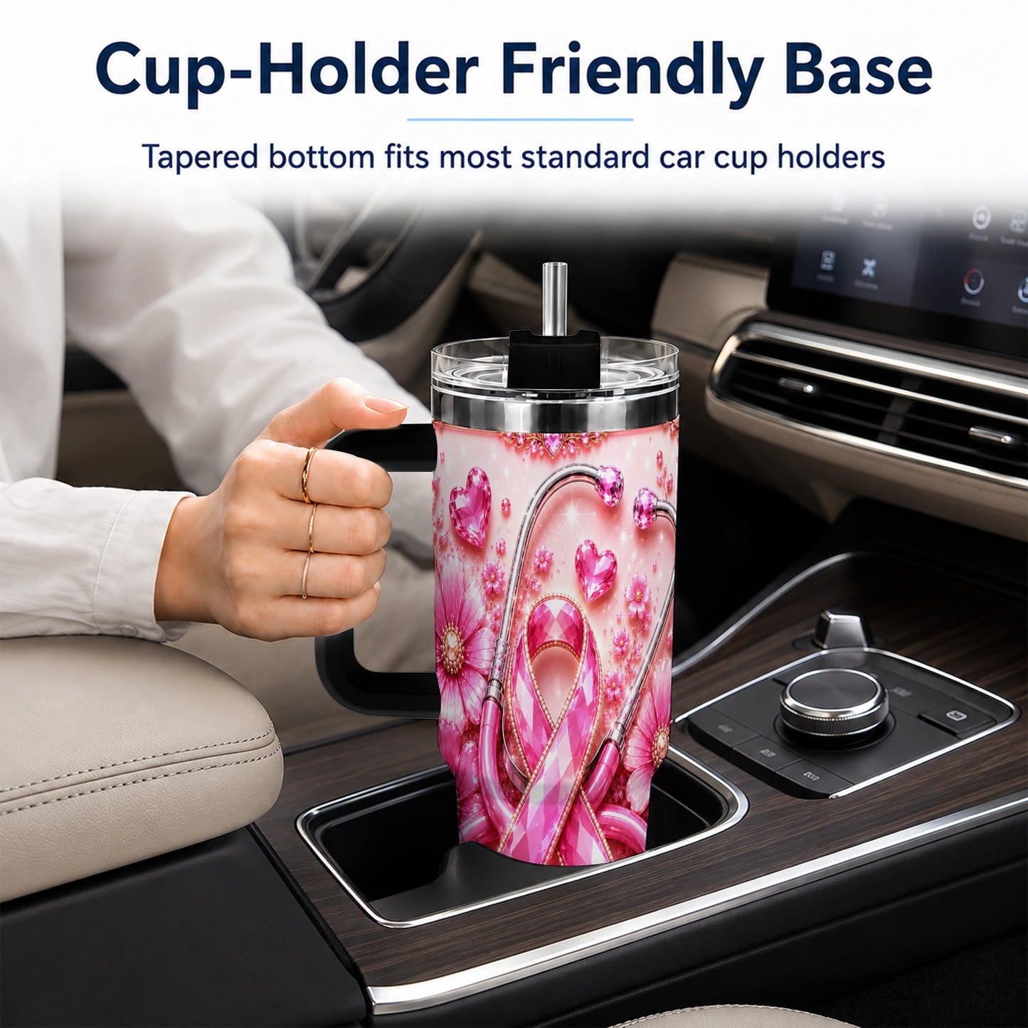 #pl[40oz|Black] Jeweled Pink Ribbon 40oz Tumbler with Handle, Stainless Steel Travel Cup