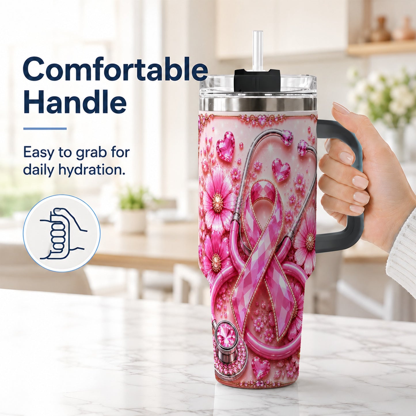 #pl[40oz|Black] Jeweled Pink Ribbon 40oz Tumbler with Handle, Stainless Steel Travel Cup