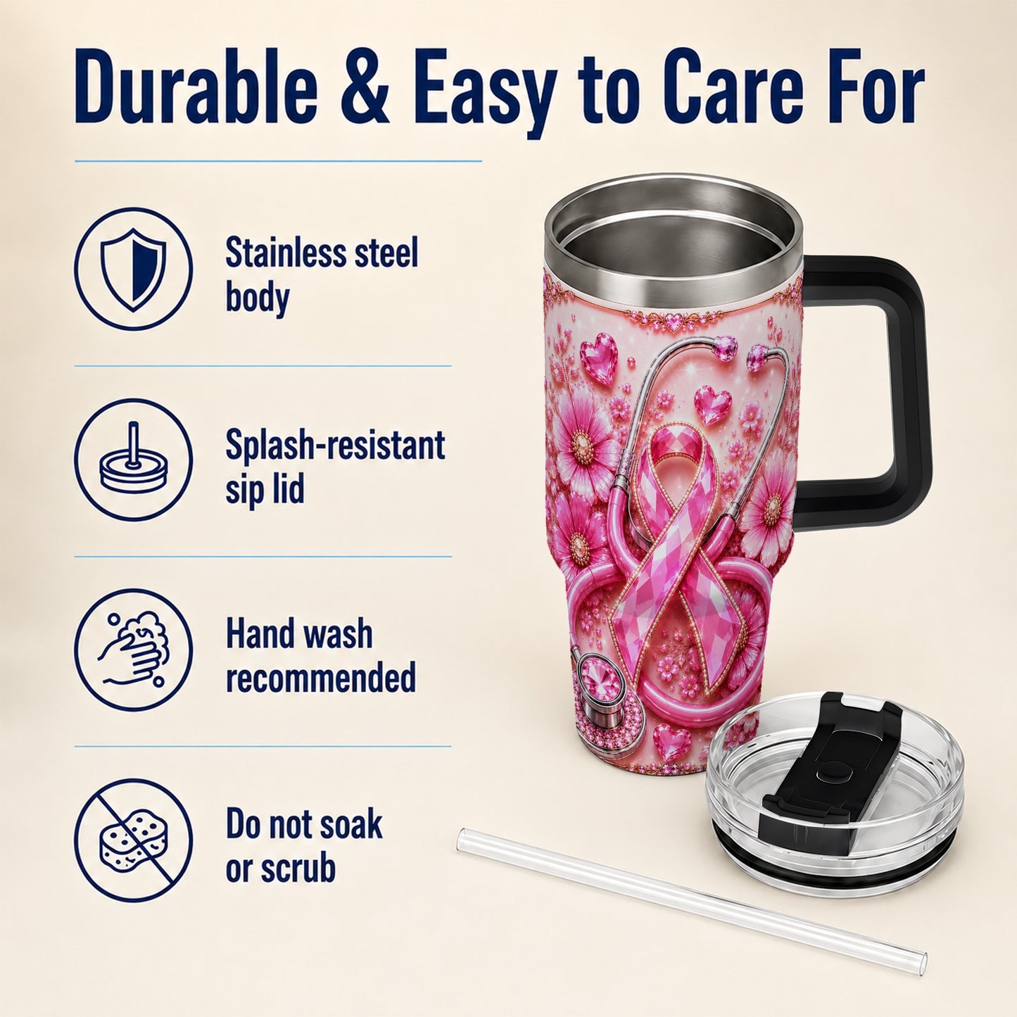 #pl[40oz|Black] Jeweled Pink Ribbon 40oz Tumbler with Handle, Stainless Steel Travel Cup