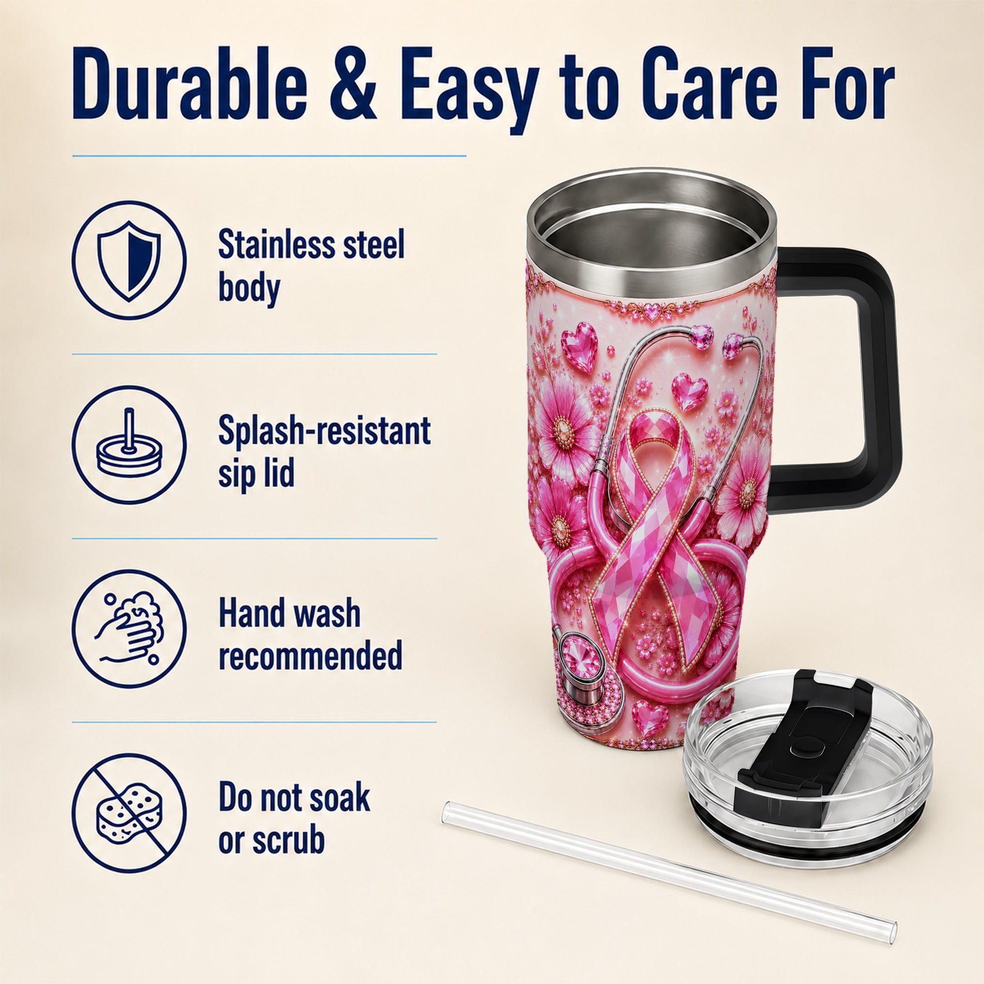 #pl[40oz|Black] Jeweled Pink Ribbon 40oz Tumbler with Handle, Stainless Steel Travel Cup