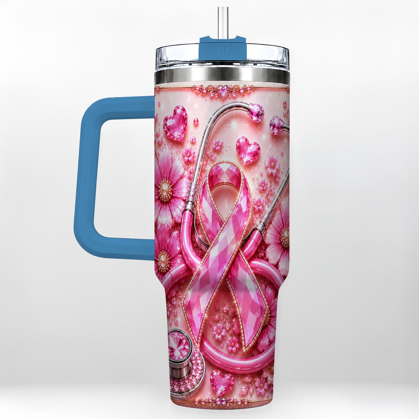 #pl[40oz|Blue] Jeweled Pink Ribbon 40oz Tumbler with Handle, Stainless Steel Travel Cup