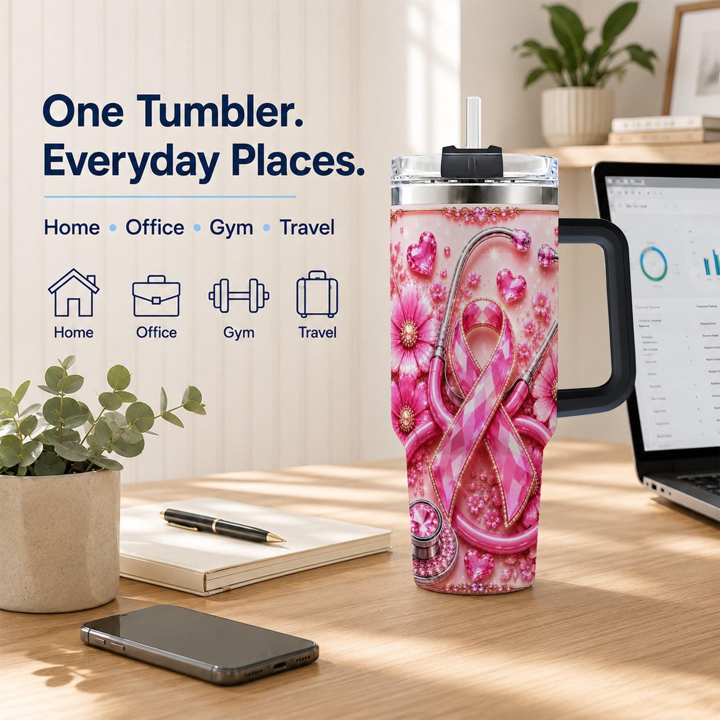 #pl[40oz|Black] Jeweled Pink Ribbon 40oz Tumbler with Handle, Stainless Steel Travel Cup