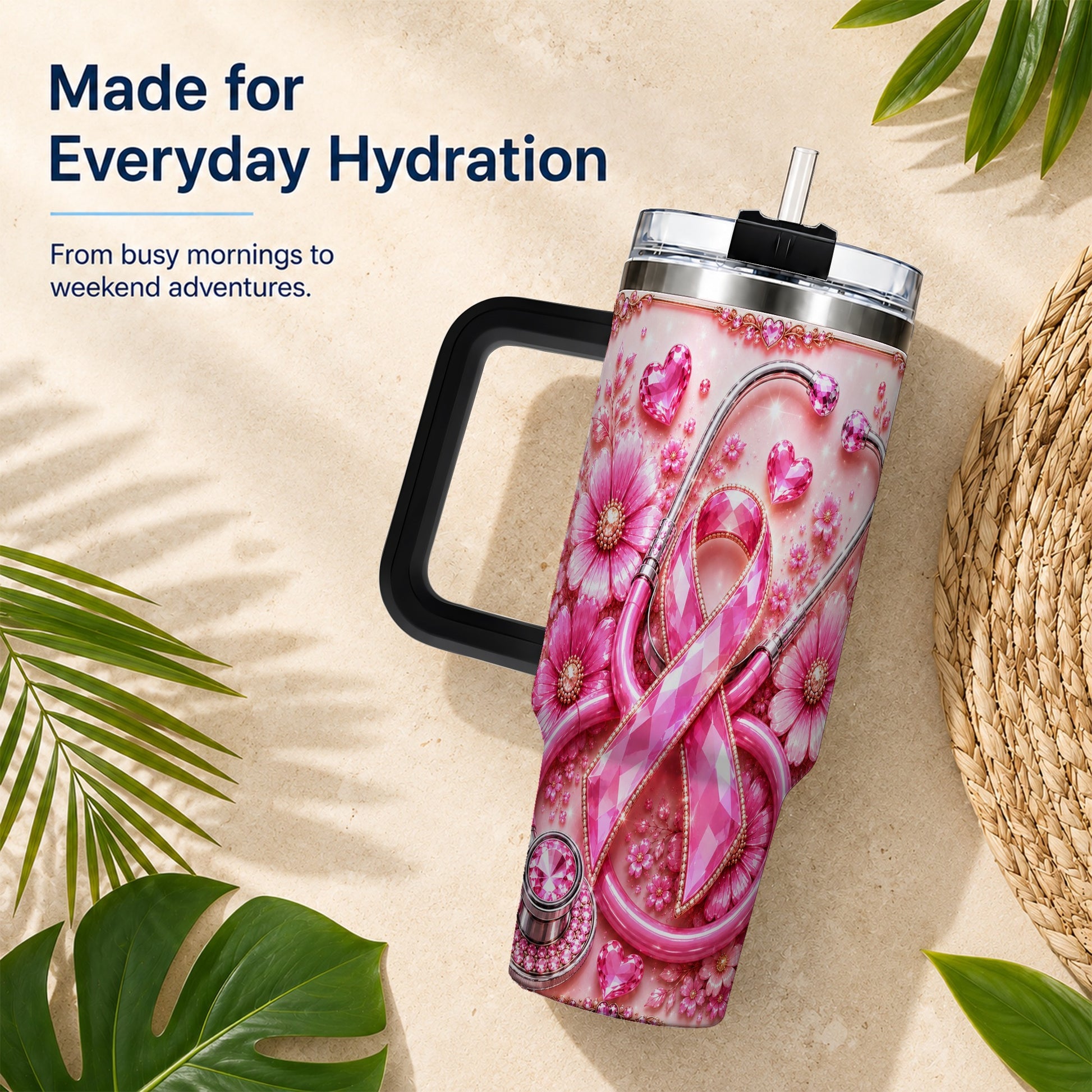 #pl[40oz|Black] Jeweled Pink Ribbon 40oz Tumbler with Handle, Stainless Steel Travel Cup