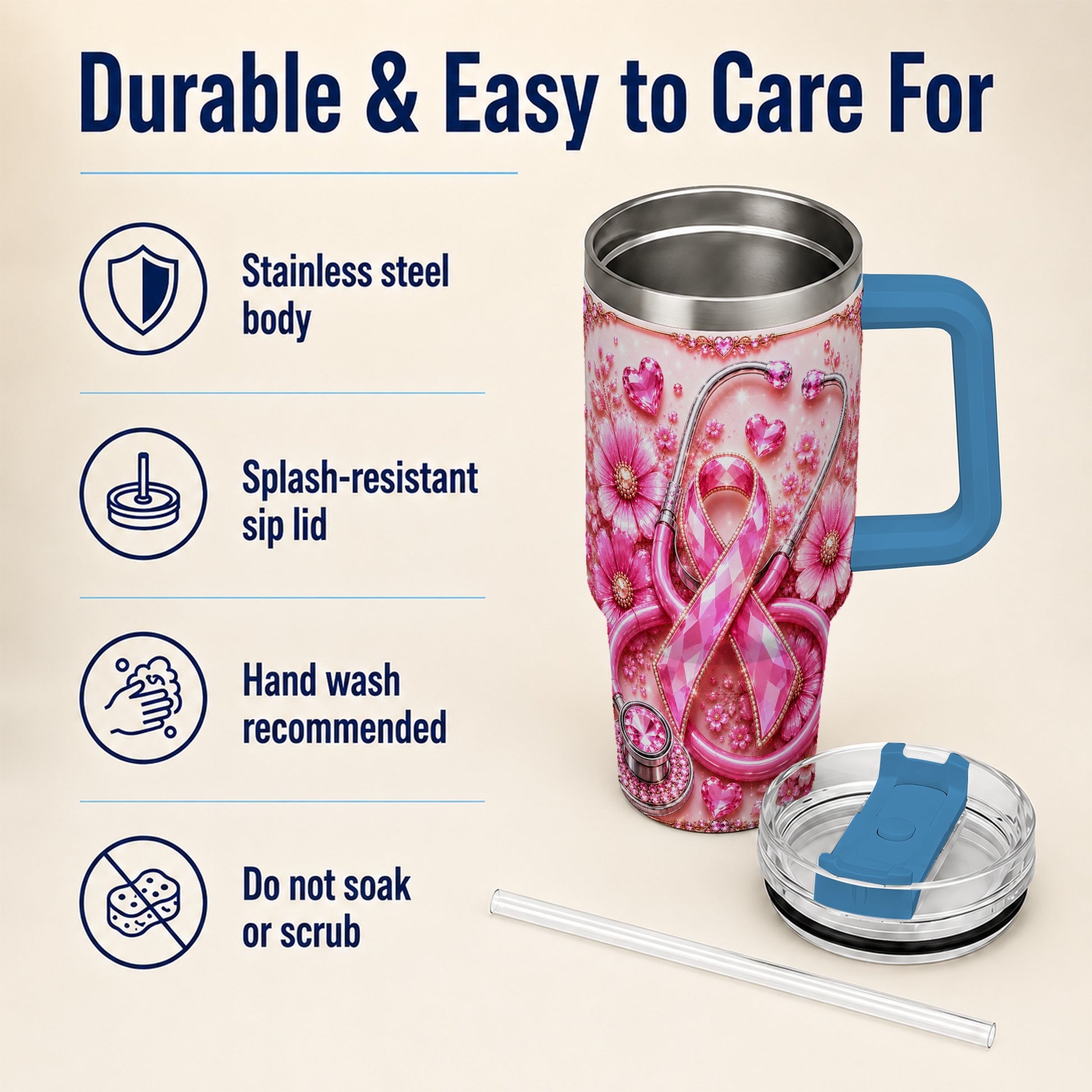 #pl[40oz|Blue] Jeweled Pink Ribbon 40oz Tumbler with Handle, Stainless Steel Travel Cup