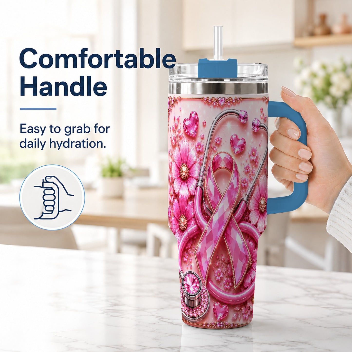#pl[40oz|Blue] Jeweled Pink Ribbon 40oz Tumbler with Handle, Stainless Steel Travel Cup