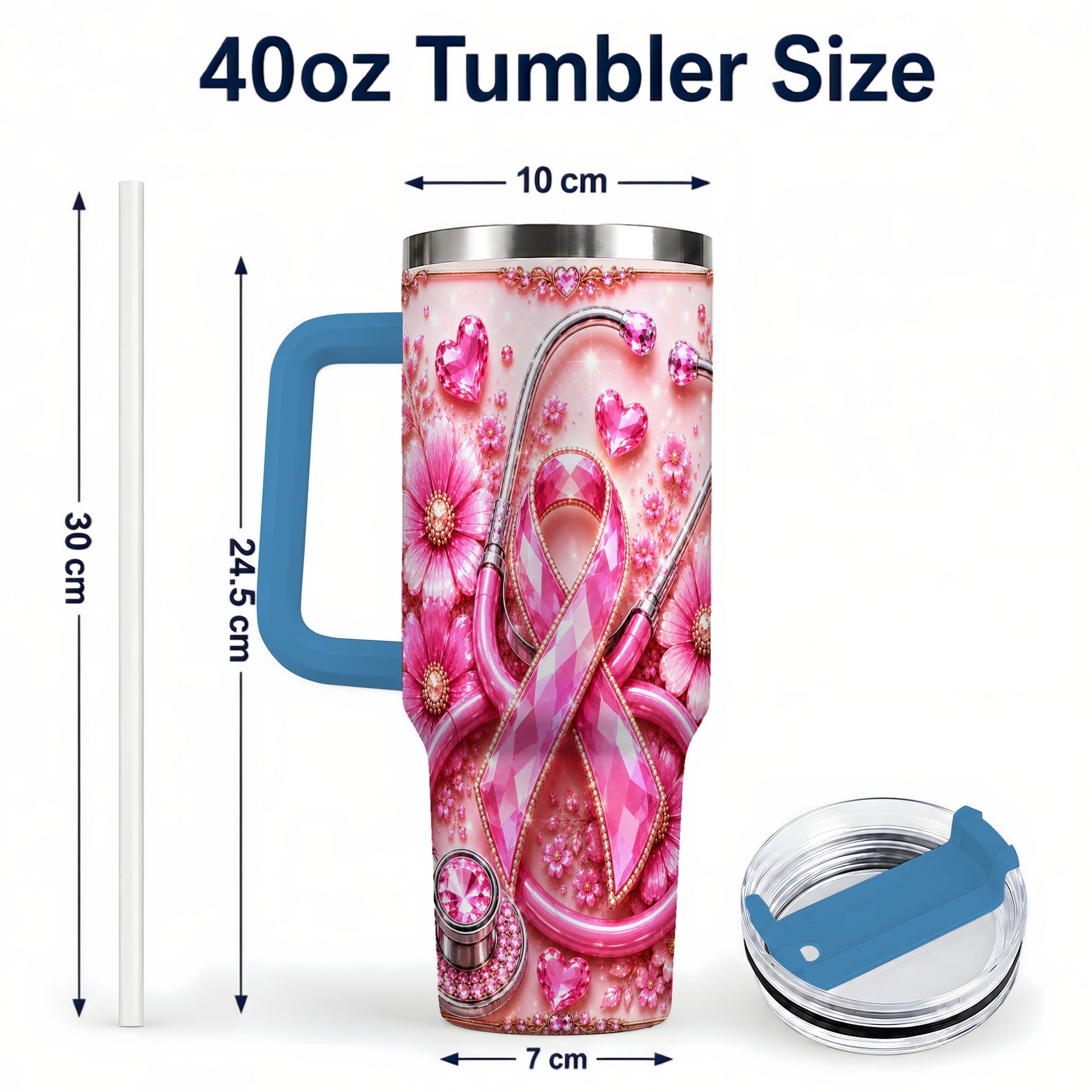 #pl[40oz|Blue] Jeweled Pink Ribbon 40oz Tumbler with Handle, Stainless Steel Travel Cup