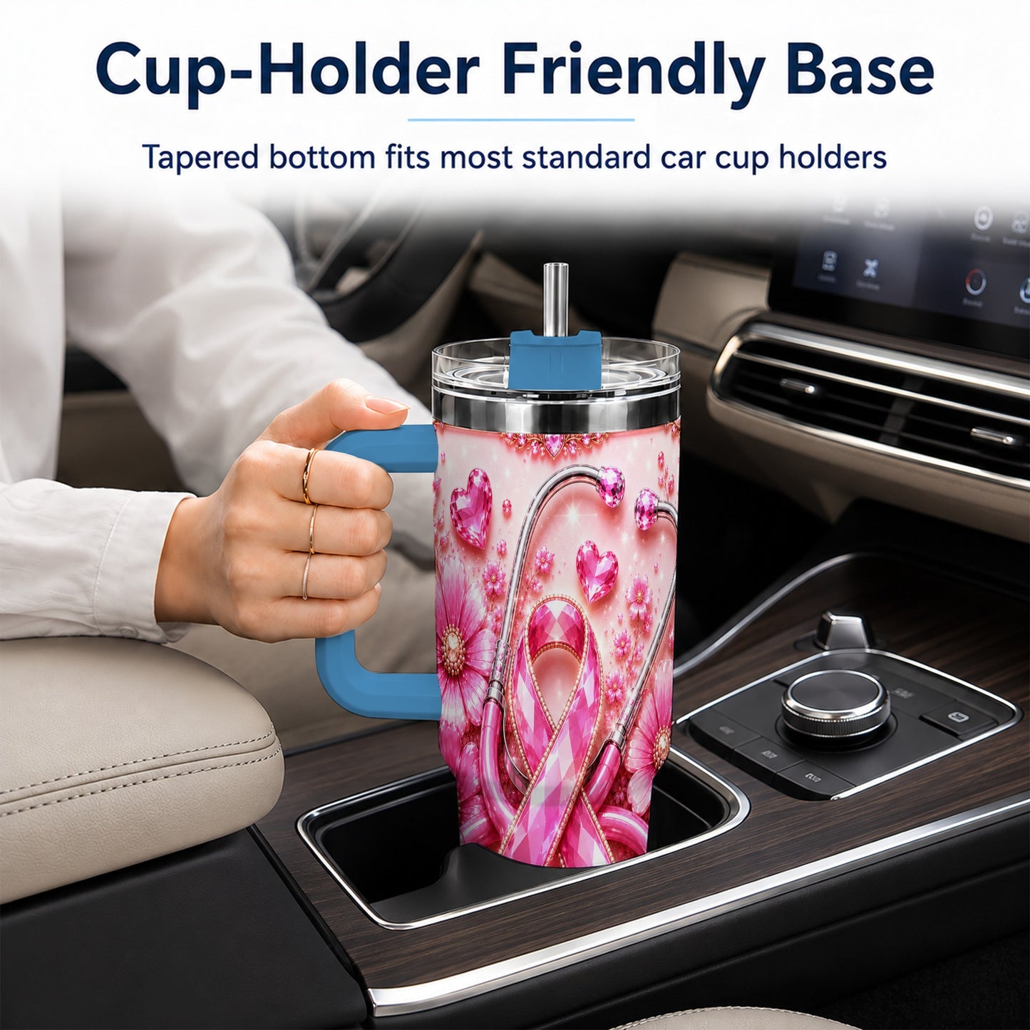 #pl[40oz|Blue] Jeweled Pink Ribbon 40oz Tumbler with Handle, Stainless Steel Travel Cup
