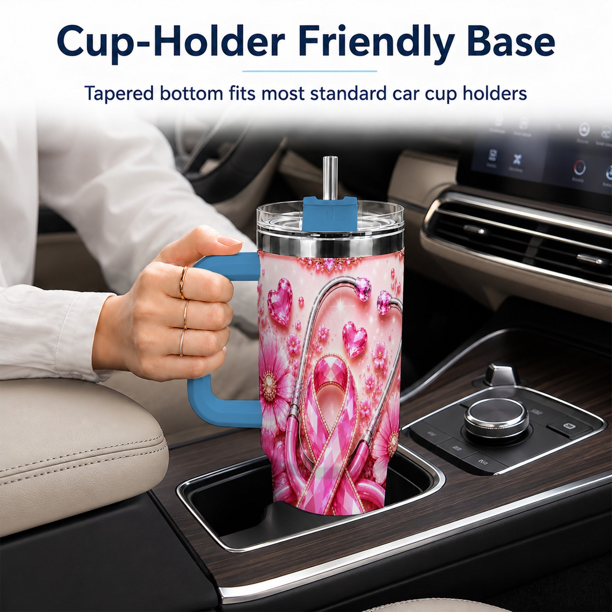#pl[40oz|Blue] Jeweled Pink Ribbon 40oz Tumbler with Handle, Stainless Steel Travel Cup