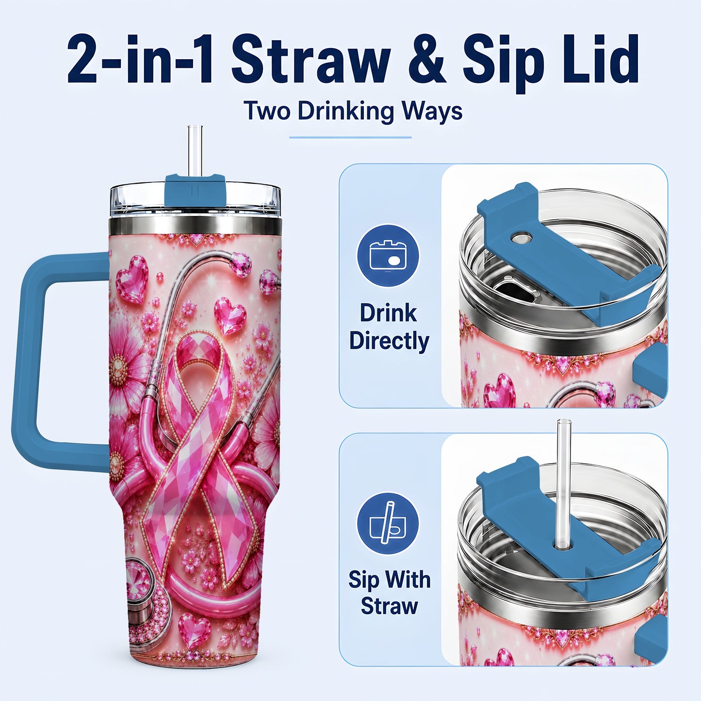 #pl[40oz|Blue] Jeweled Pink Ribbon 40oz Tumbler with Handle, Stainless Steel Travel Cup