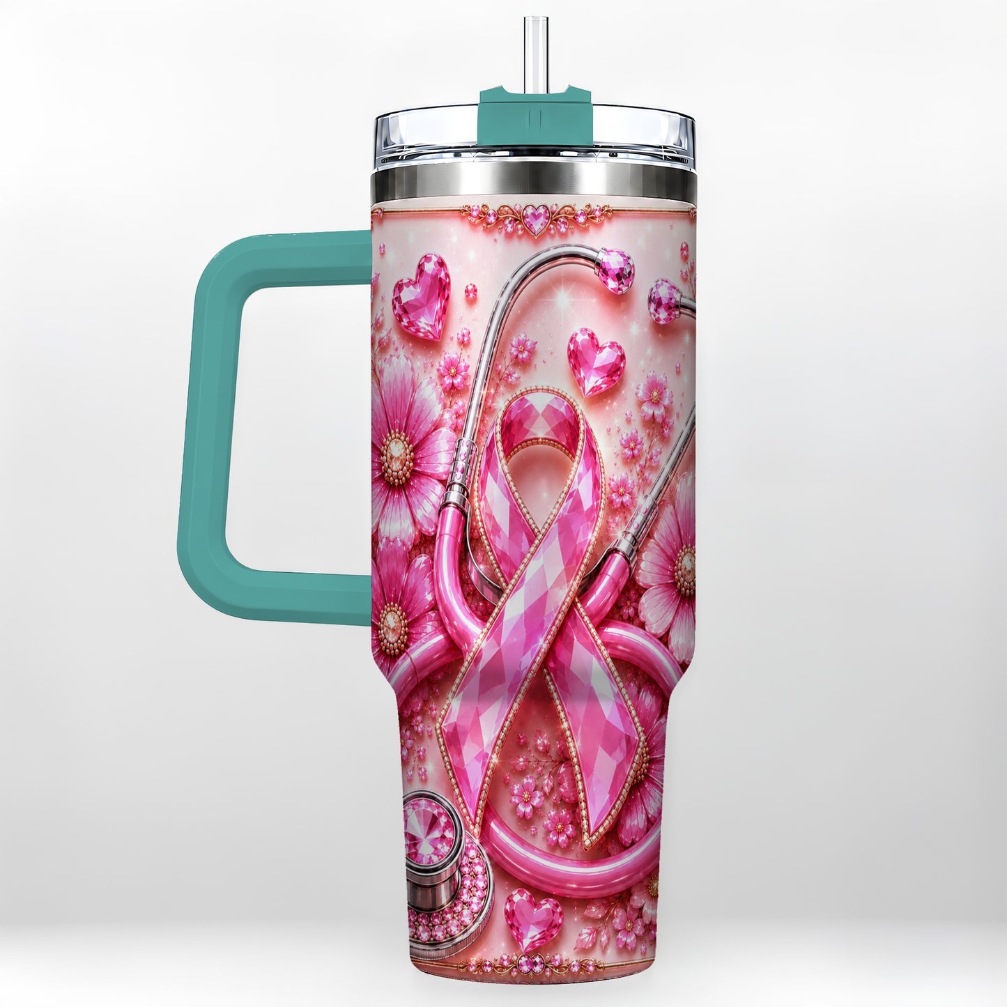 #pl[40oz|Green] Jeweled Pink Ribbon 40oz Tumbler with Handle, Stainless Steel Travel Cup