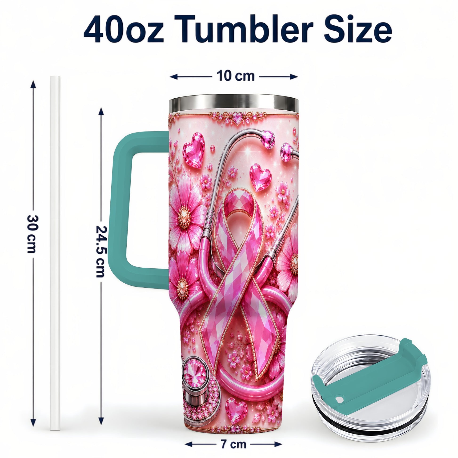 #pl[40oz|Green] Jeweled Pink Ribbon 40oz Tumbler with Handle, Stainless Steel Travel Cup