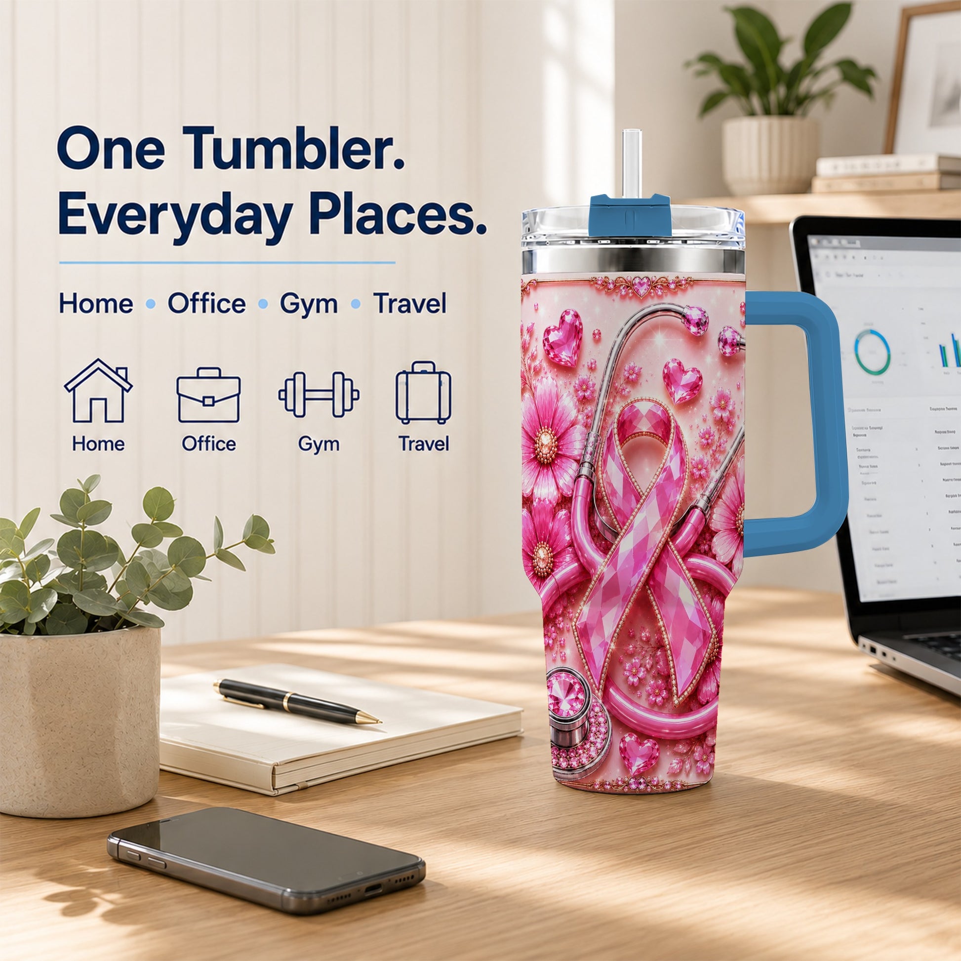 #pl[40oz|Blue] Jeweled Pink Ribbon 40oz Tumbler with Handle, Stainless Steel Travel Cup