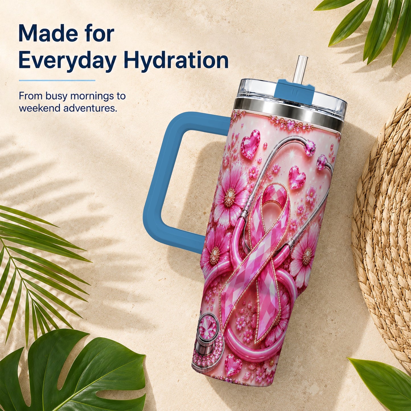#pl[40oz|Blue] Jeweled Pink Ribbon 40oz Tumbler with Handle, Stainless Steel Travel Cup
