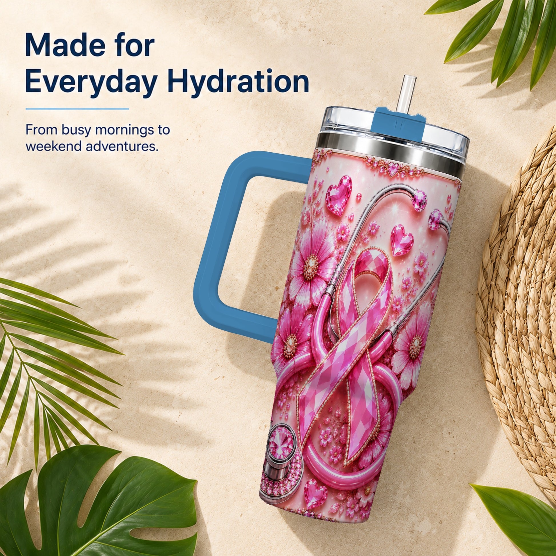 #pl[40oz|Blue] Jeweled Pink Ribbon 40oz Tumbler with Handle, Stainless Steel Travel Cup