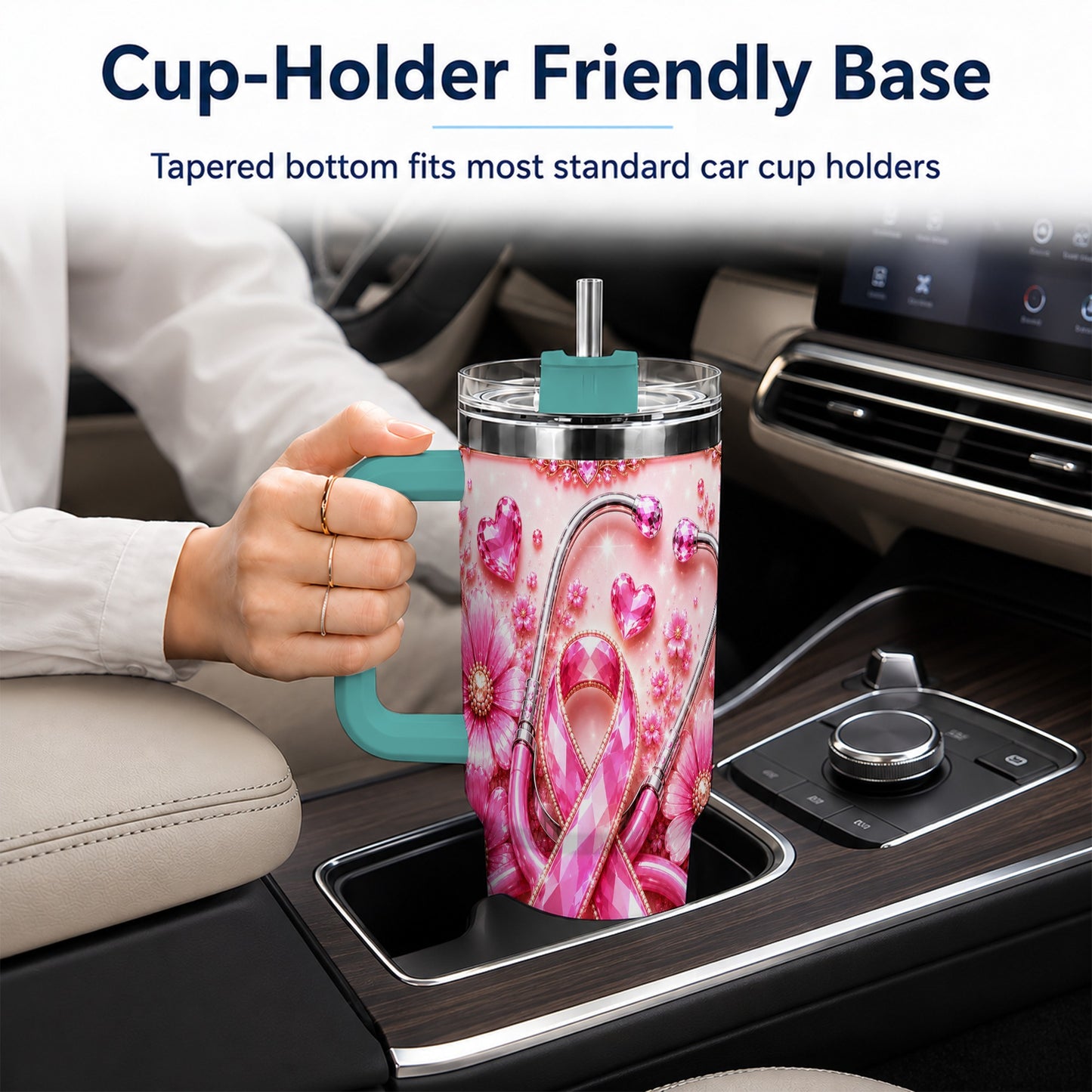#pl[40oz|Green] Jeweled Pink Ribbon 40oz Tumbler with Handle, Stainless Steel Travel Cup