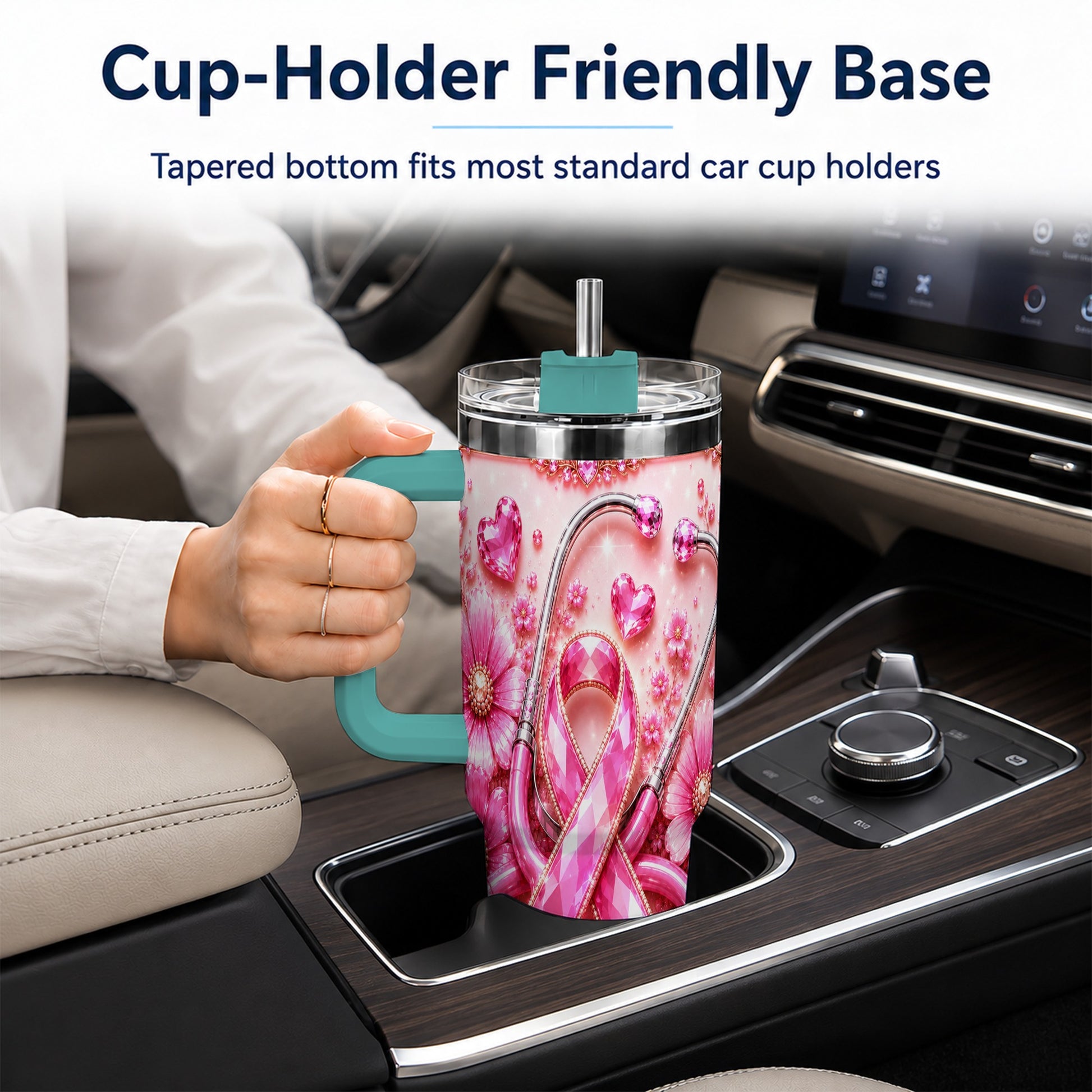 #pl[40oz|Green] Jeweled Pink Ribbon 40oz Tumbler with Handle, Stainless Steel Travel Cup