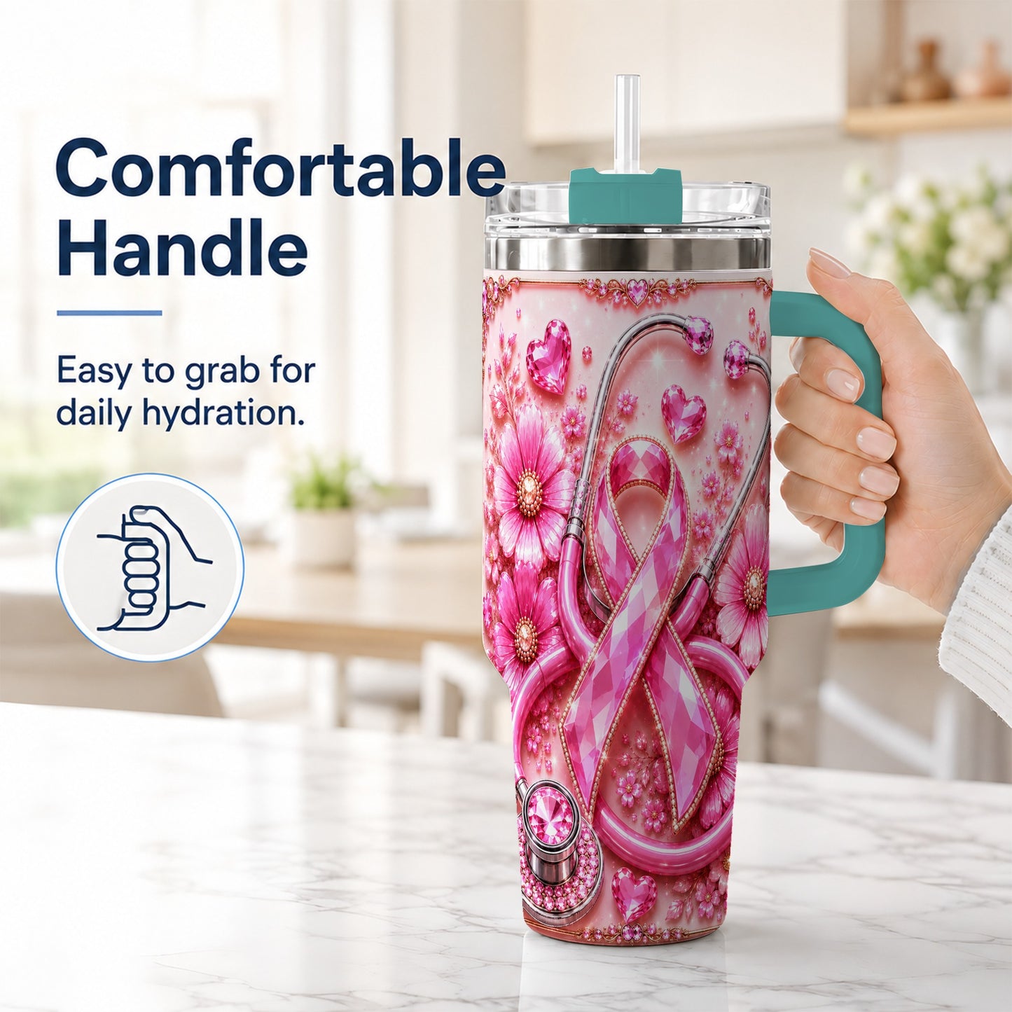 #pl[40oz|Green] Jeweled Pink Ribbon 40oz Tumbler with Handle, Stainless Steel Travel Cup