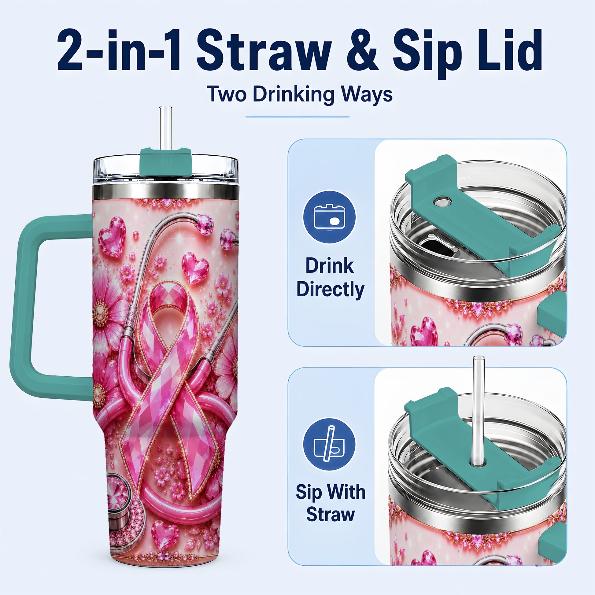 #pl[40oz|Green] Jeweled Pink Ribbon 40oz Tumbler with Handle, Stainless Steel Travel Cup