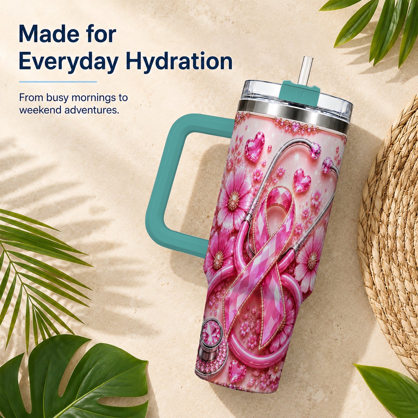 #pl[40oz|Green] Jeweled Pink Ribbon 40oz Tumbler with Handle, Stainless Steel Travel Cup