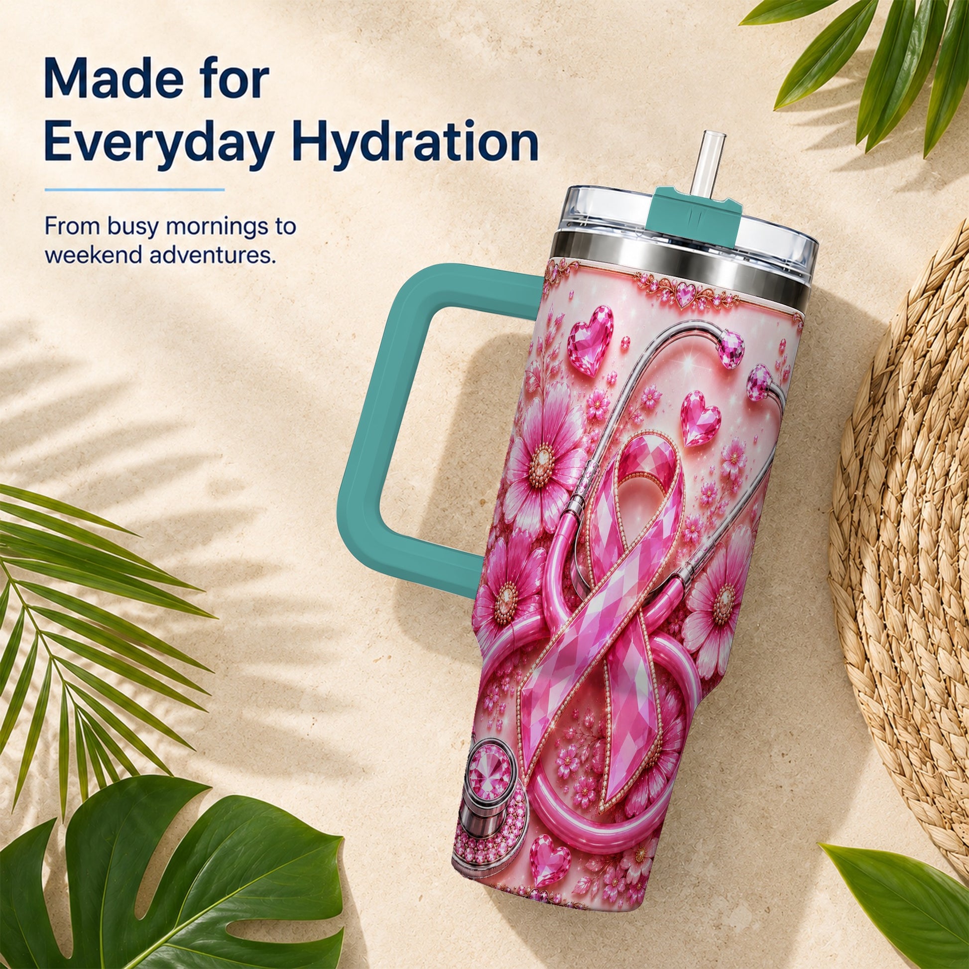 #pl[40oz|Green] Jeweled Pink Ribbon 40oz Tumbler with Handle, Stainless Steel Travel Cup
