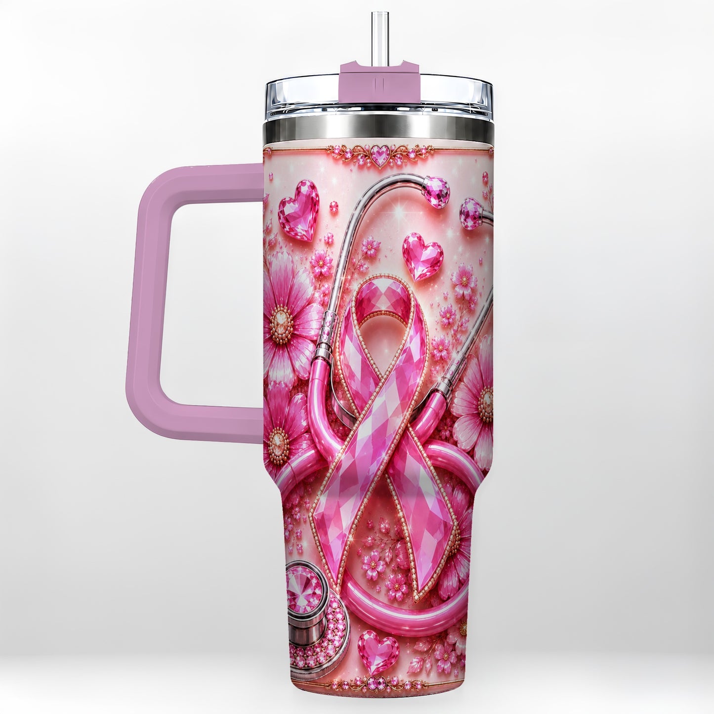#pl[40oz|Pink] Jeweled Pink Ribbon 40oz Tumbler with Handle, Stainless Steel Travel Cup
