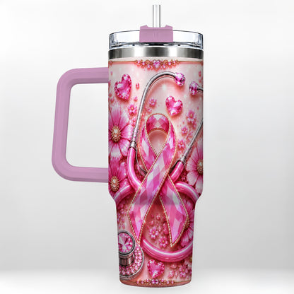 #pl[40oz|Pink] Jeweled Pink Ribbon 40oz Tumbler with Handle, Stainless Steel Travel Cup