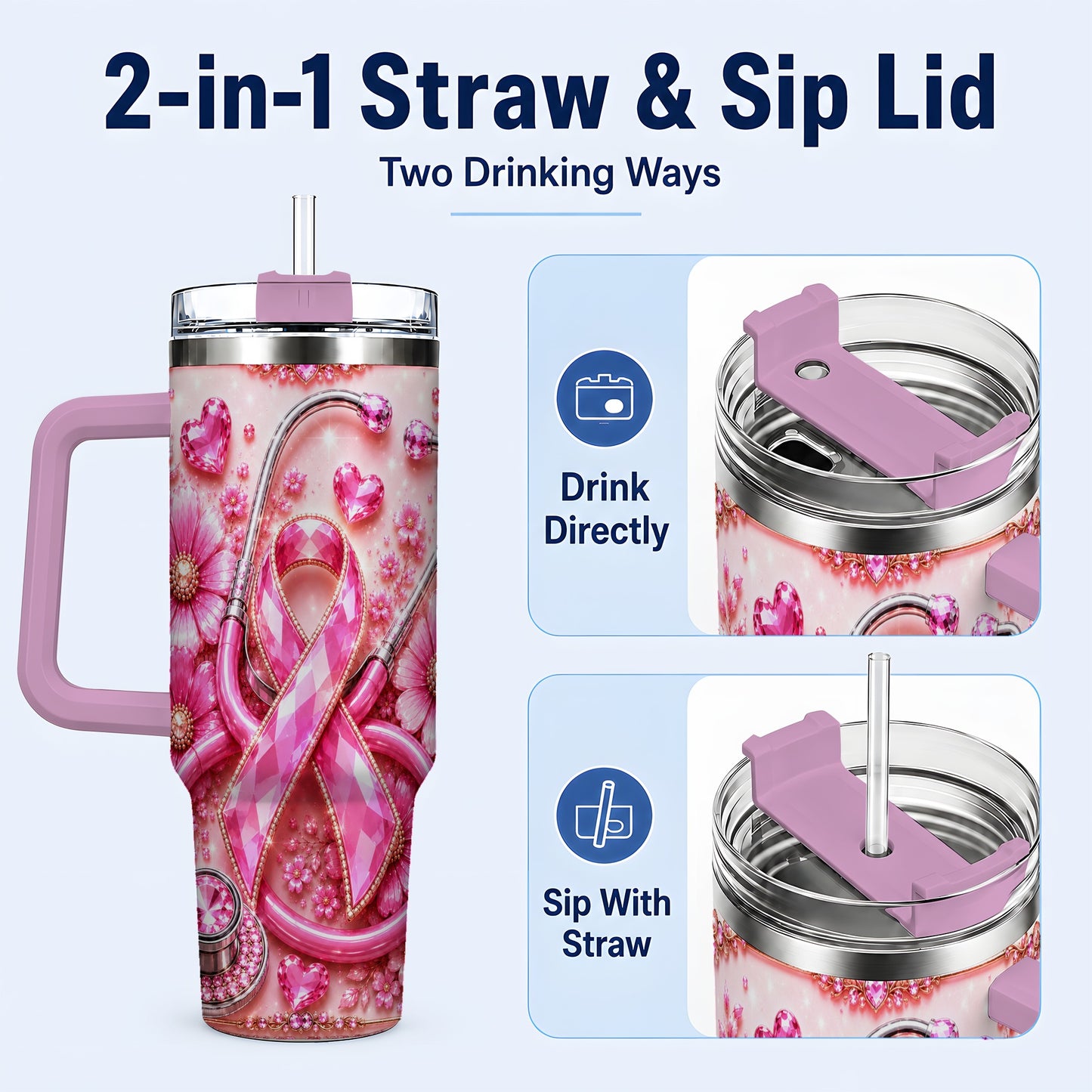 #pl[40oz|Pink] Jeweled Pink Ribbon 40oz Tumbler with Handle, Stainless Steel Travel Cup