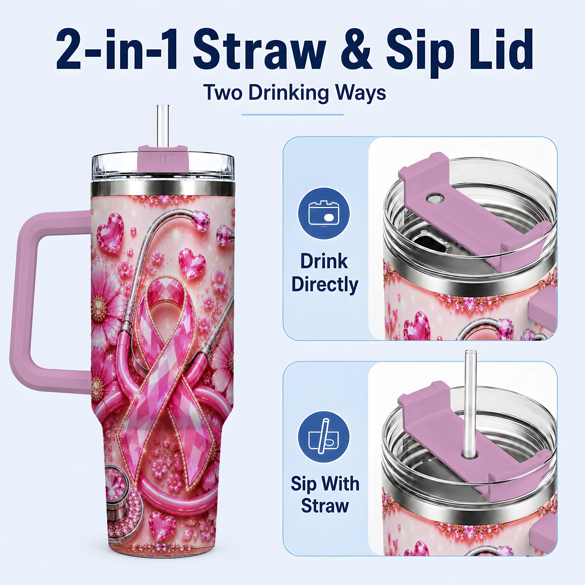 #pl[40oz|Pink] Jeweled Pink Ribbon 40oz Tumbler with Handle, Stainless Steel Travel Cup