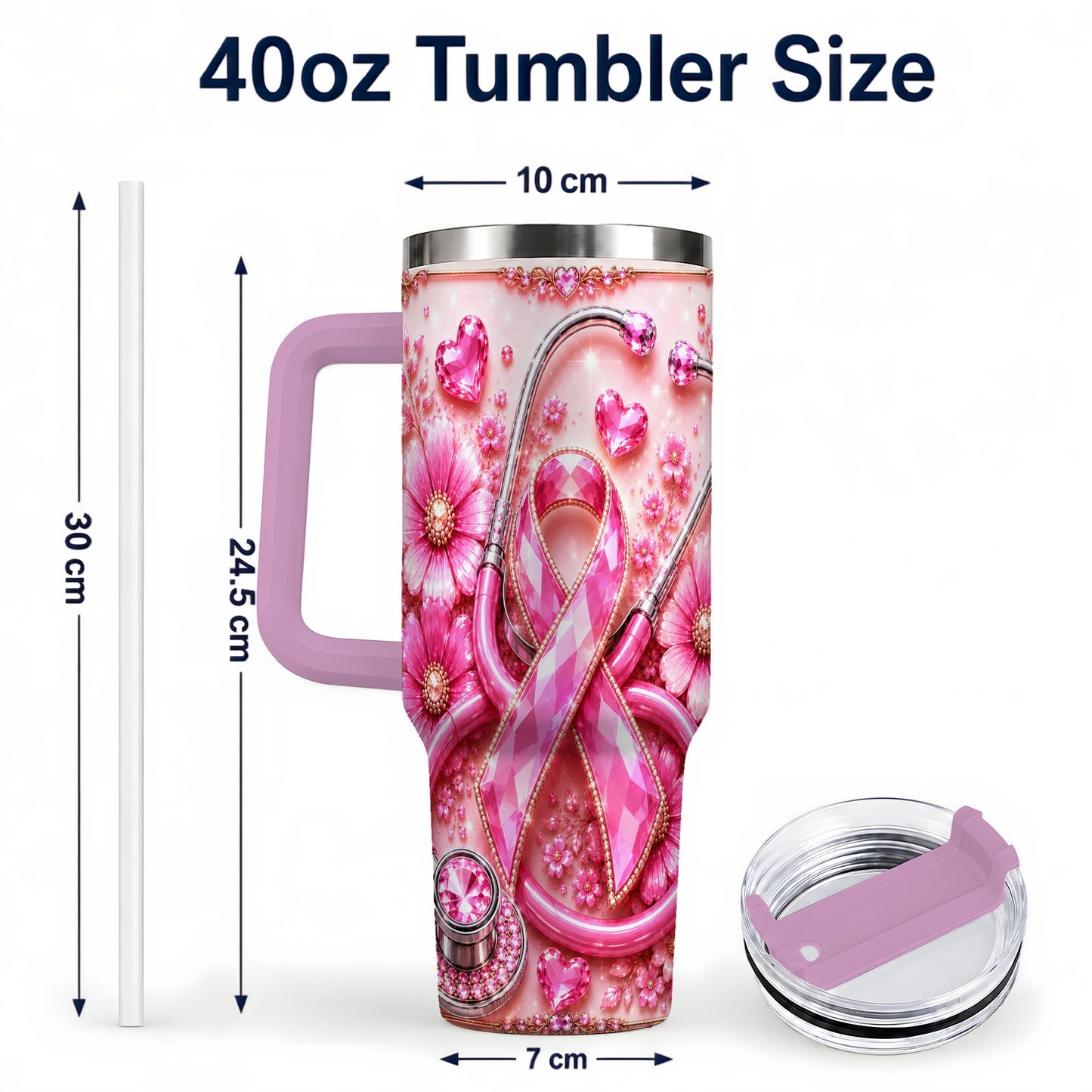 #pl[40oz|Pink] Jeweled Pink Ribbon 40oz Tumbler with Handle, Stainless Steel Travel Cup
