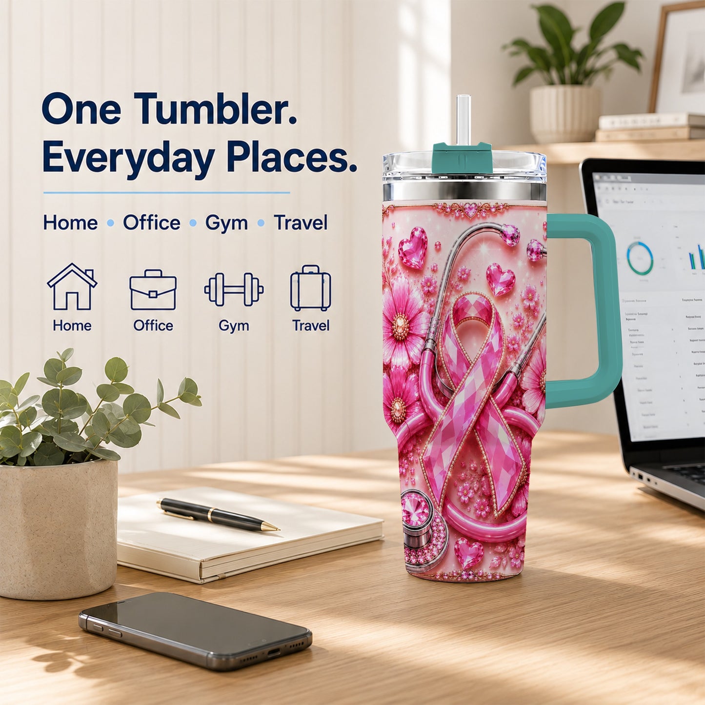 #pl[40oz|Green] Jeweled Pink Ribbon 40oz Tumbler with Handle, Stainless Steel Travel Cup