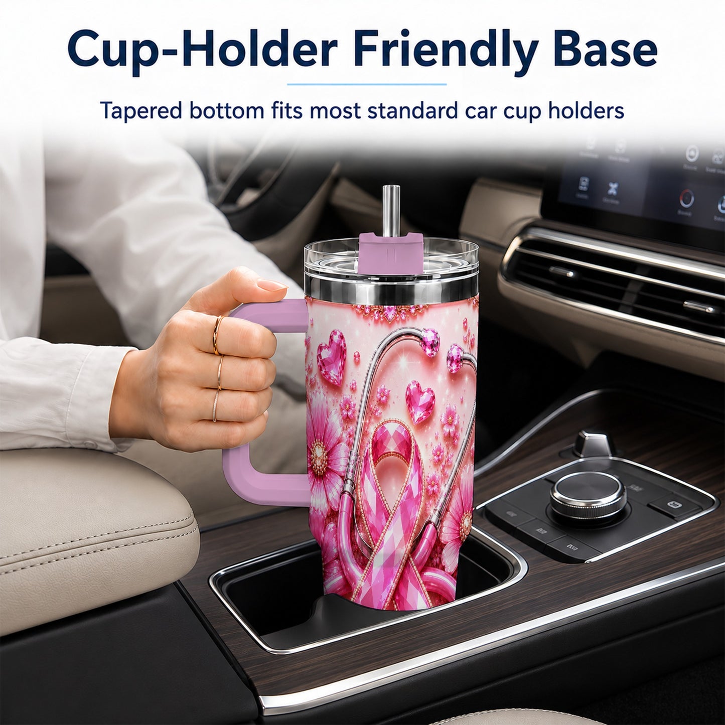 #pl[40oz|Pink] Jeweled Pink Ribbon 40oz Tumbler with Handle, Stainless Steel Travel Cup