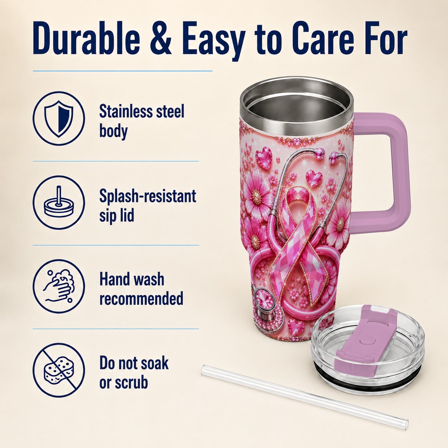 #pl[40oz|Pink] Jeweled Pink Ribbon 40oz Tumbler with Handle, Stainless Steel Travel Cup