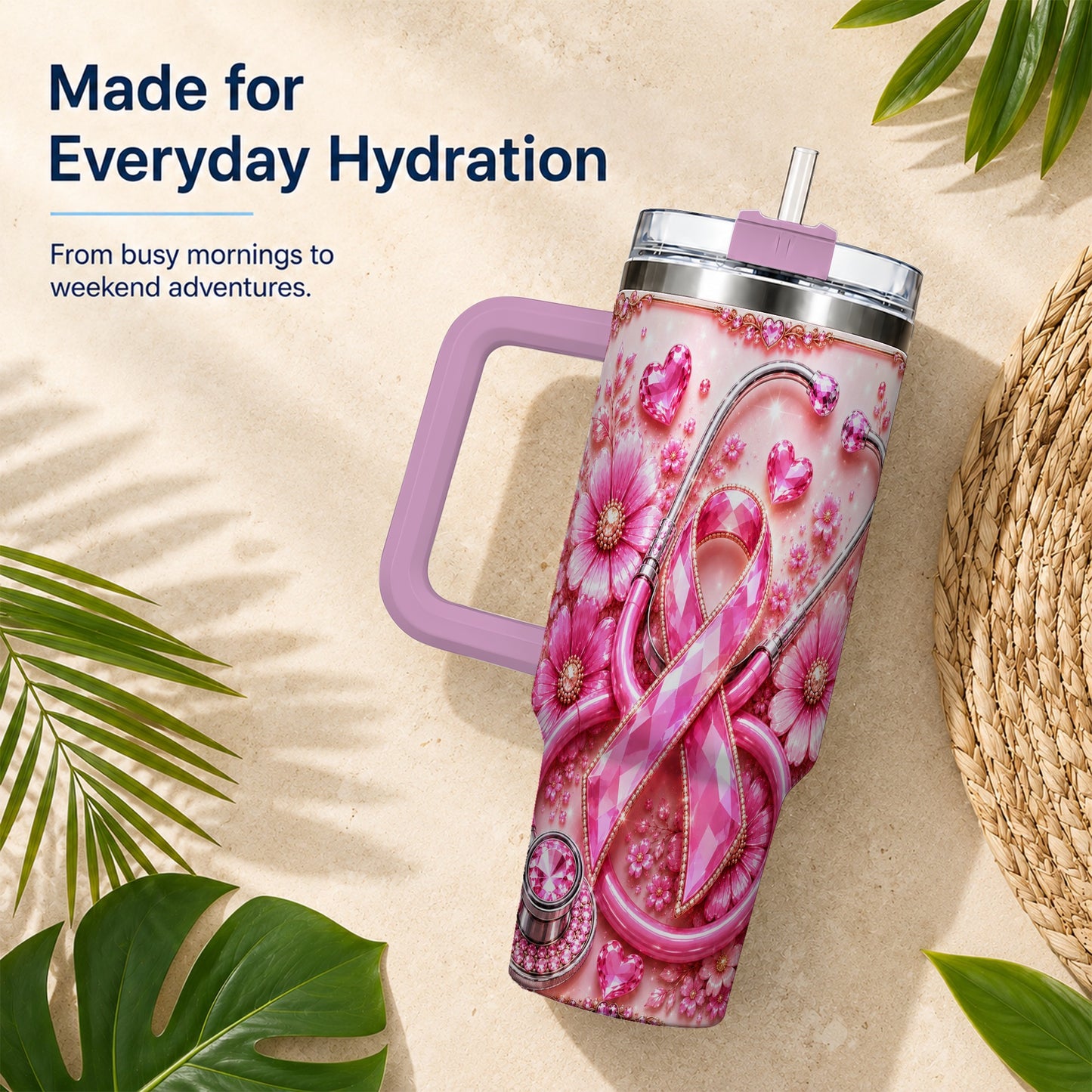 #pl[40oz|Pink] Jeweled Pink Ribbon 40oz Tumbler with Handle, Stainless Steel Travel Cup
