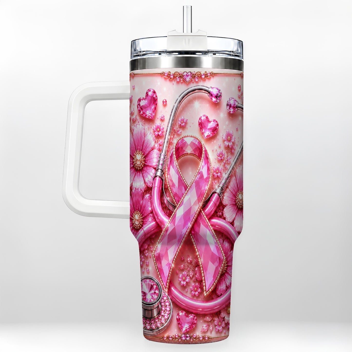#pl[40oz|White] Jeweled Pink Ribbon 40oz Tumbler with Handle, Stainless Steel Travel Cup