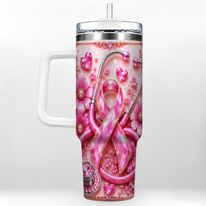 #pl[40oz|White] Jeweled Pink Ribbon 40oz Tumbler with Handle, Stainless Steel Travel Cup