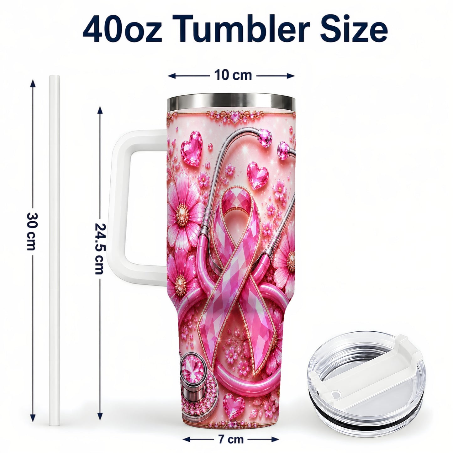 #pl[40oz|White] Jeweled Pink Ribbon 40oz Tumbler with Handle, Stainless Steel Travel Cup