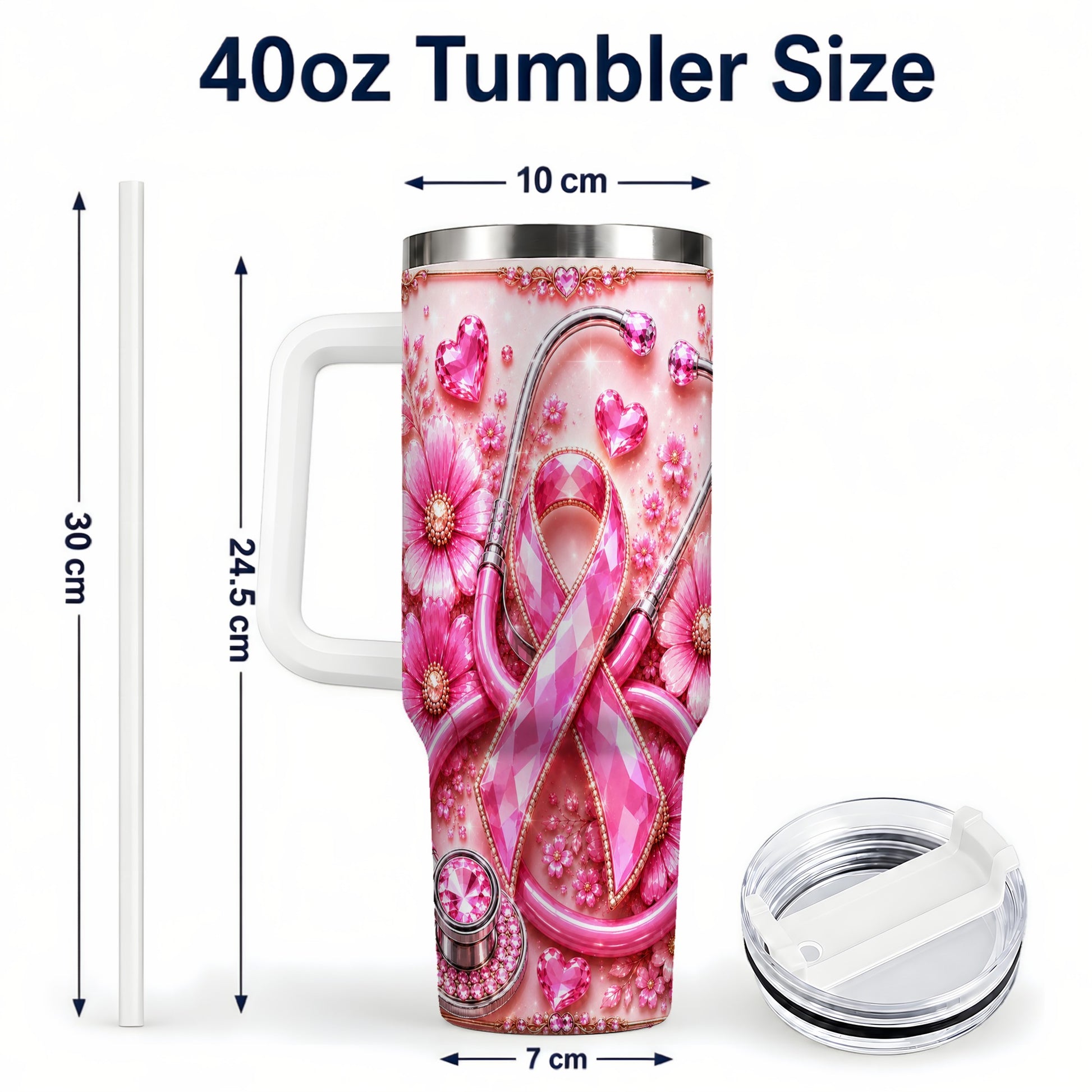 #pl[40oz|White] Jeweled Pink Ribbon 40oz Tumbler with Handle, Stainless Steel Travel Cup